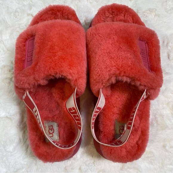 UGG Disco Slides Sandals Pink Cloud Sheepskin Fluff Fur‎ Slingback Strap Logo 7 - Picture 7 of 15